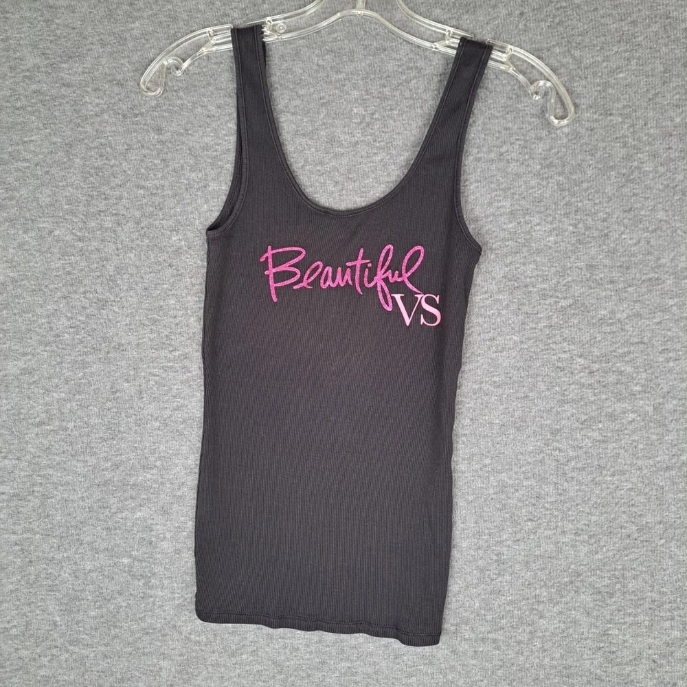 Victoria's Secret Tank Top Women XS Black Beautiful VS Ribbed Graphic Scoop Neck